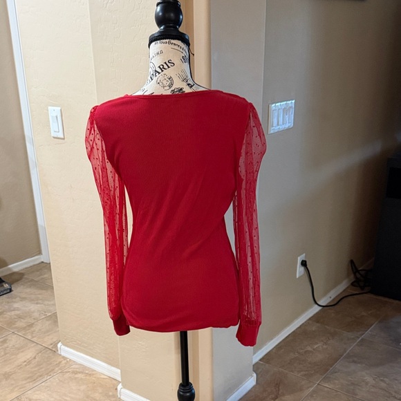 Elegant Red Wrap Top with Sheer Sleeves - Picture 3 of 3